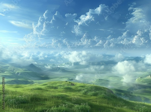 Beautiful green rolling hills landscape with white clouds in the blue sky