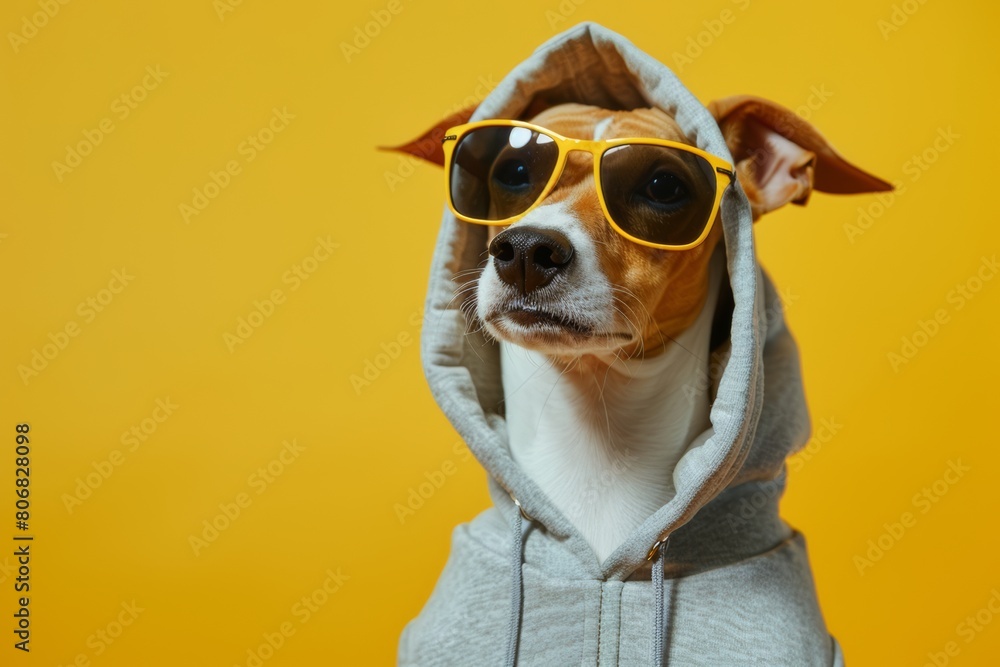 basenji dog in hoodie and sunglasses on yellow background copy space left