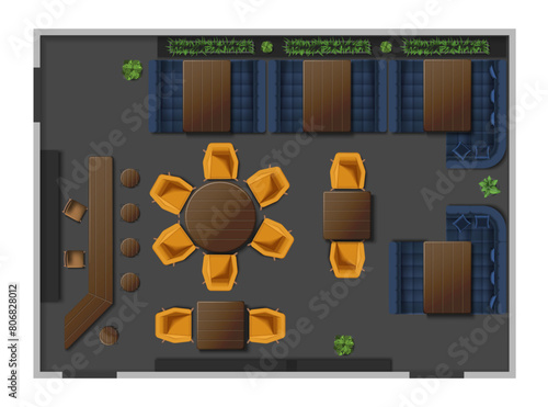 Restaurant interior scheme. Top view of pub. Cafe layout with modern furniture. Bar floor plan. Industrial 3d concept. Dining room map above design