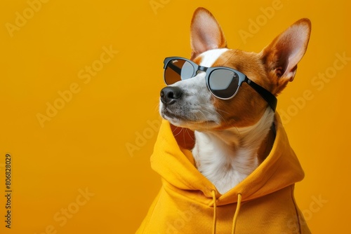 basenji dog in hoodie and sunglasses on yellow background copy space left photo