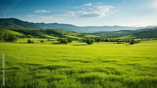 idyllic green rolling hills landscape with blue sky and white clouds