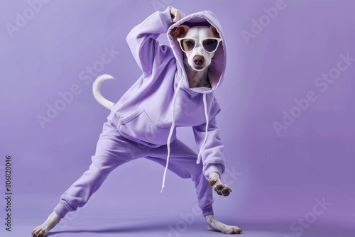 azawakh dog dancing  in sporty outfit and sunglasses on lilac purple background copy space left photo