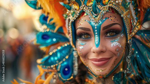 Close-up portrait of a woman in an ornate carnival costume featuring bright blue and gold colors. © khonkangrua