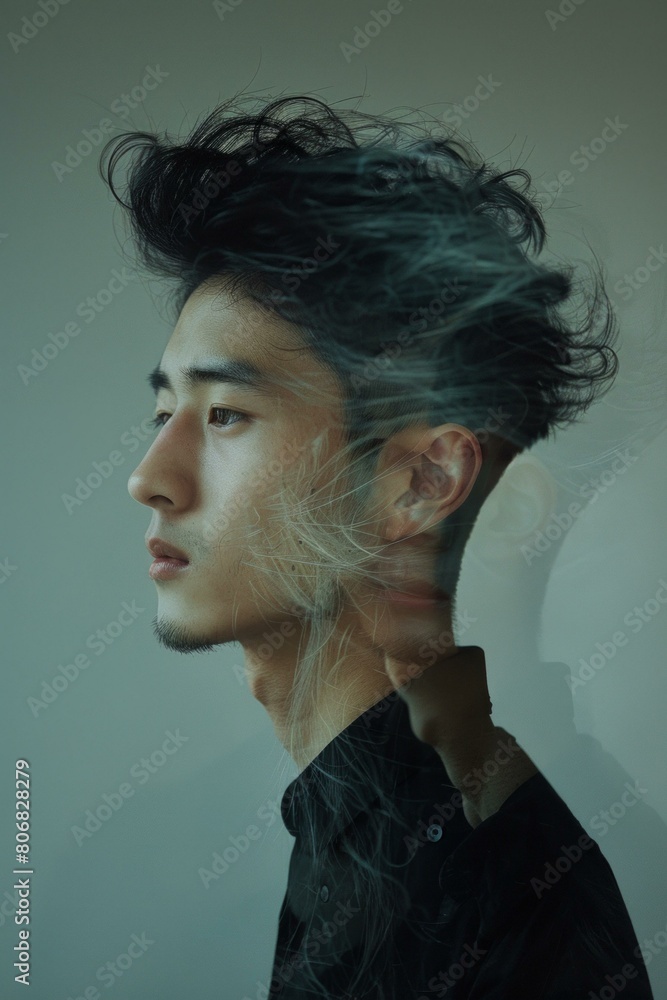Portrait of a young Asian man with a unique hairstyle