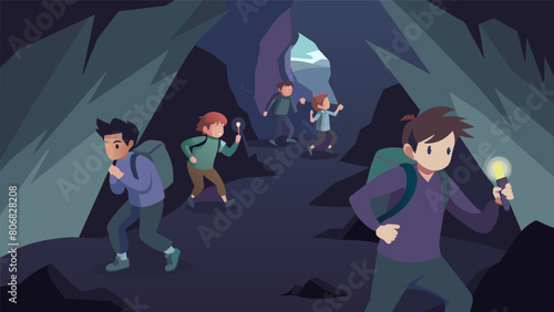 A group of teenagers crawling through a dark and narrow cave flashlights in hand.. Vector illustration