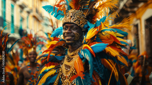 Joyful Black man adorned in a colorful, elaborate carnival costume with a bright smile.