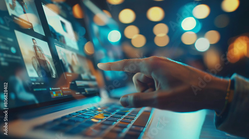 Closeup of an online meeting with multiple people on the screen, pointing at something in their direction, and one person is talking to them using video conference software.