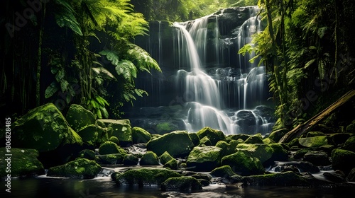 Panorama of beautiful waterfall in tropical rainforest with green leaves.