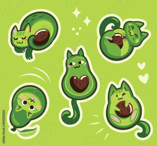 Cute cartoon stickers with avocatos on lime