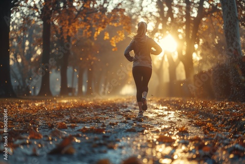 A woman joyfully runs through the woods as the sun sets