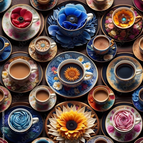 A collection of artistically created coffee cups and saucers.