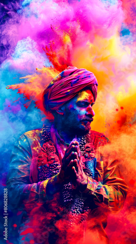 Man in turban is standing in front of colored smoke.