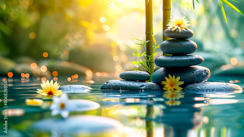 Group of rocks sitting on top of body of water next to bamboo sticks.