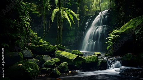 Panorama of a waterfall in a tropical rainforest with green plants