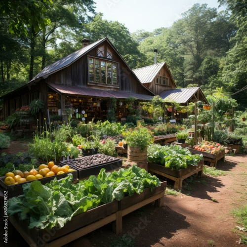 A charming rustic barn nestled amidst a lush green garden