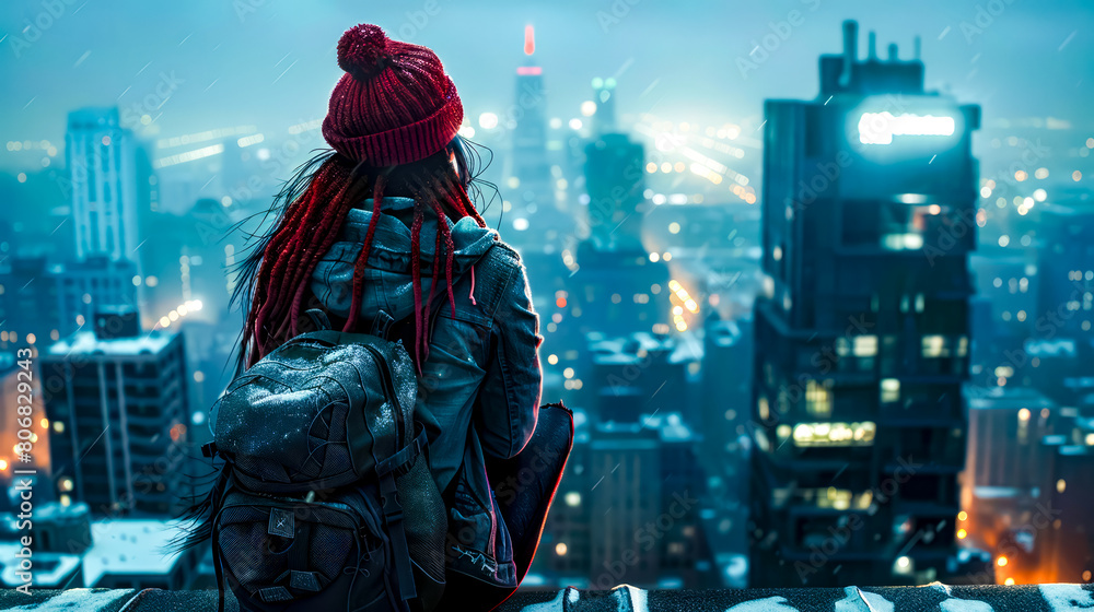 Woman with red dreadlocks looks out over city at night.