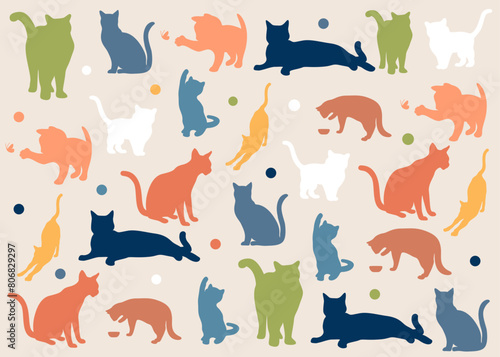 Pattern of multi-coloured cats in vector, flat style.