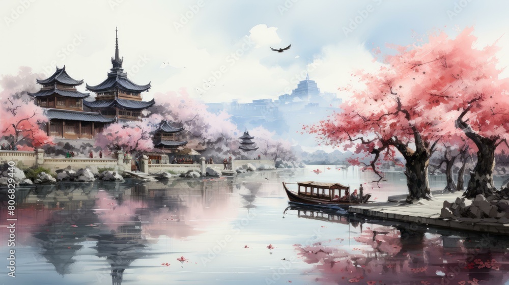 Obraz premium An illustration of a Chinese landscape with a river, trees, and buildings
