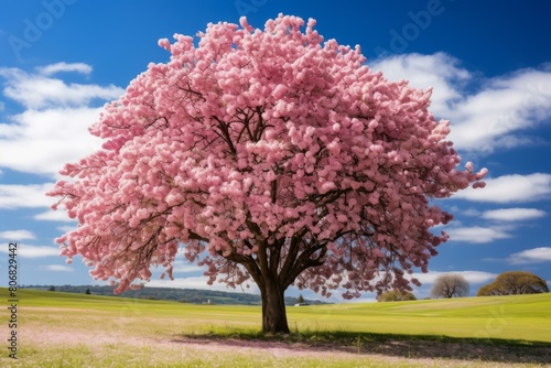 A cherry tree in full bloom stands in a field of green grass. The sky is blue and there are white clouds.