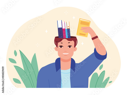 Put book in head. Self knowledge improvement, man putting books giant brain improve mind useful acquire memory ability learning education intelligence training vector illustration