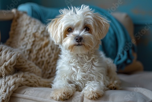Cute Maltipoo dog sitting on the sofa and looks at the camera