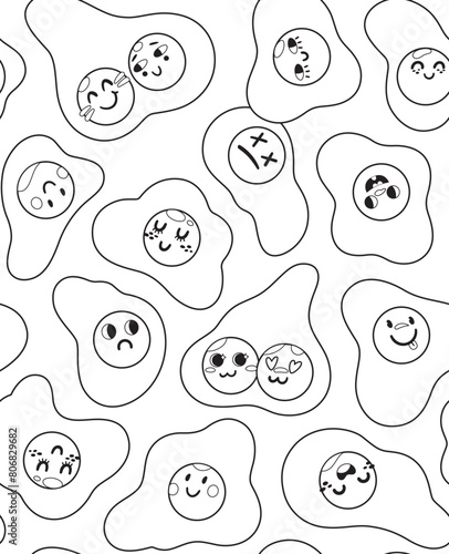 Ink seamless pattern with different cute emoji, funny omelettes