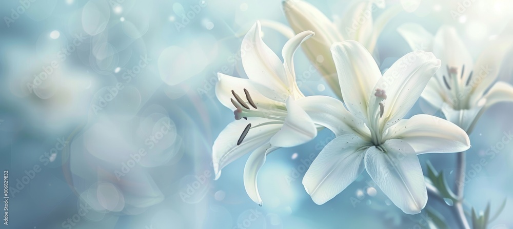Delicate white lilies in soft focus with dreamy blue background, symbolizing purity and tranquility Delicate white lilies in soft focus with dreamy blue background, symbolizing purity and tranquility