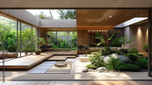 A wooden house interior with green plants and a wooden floor, in the style of Japanese architecture design, with a modern minimalist aesthetic, a large window, and an indoor garden.