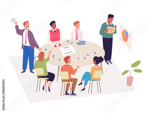Colleagues discussing at table. Executives meeting or speaking employees dispute at round desk boardroom, business company communication work conversing, classy vector illustration
