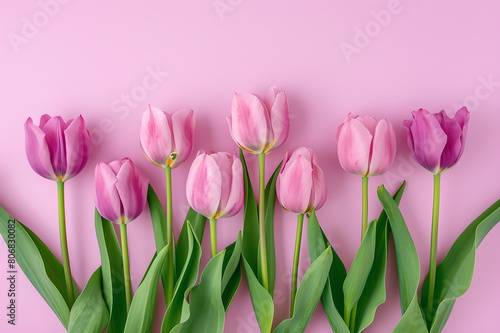 Some tulips on a pink background, romantic floral arrangement, elegant and feminine, vibrant springtime beauty, beautiful flowers , symmetrical arrangement, light purple, © YOUCEF