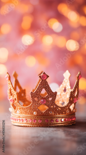 A majestic golden king's crown resting on a glittery pink surface, reflecting elegance and royal status with soft bokeh lights