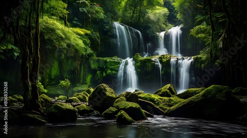 Panoramic view of a beautiful waterfall in the green forest.