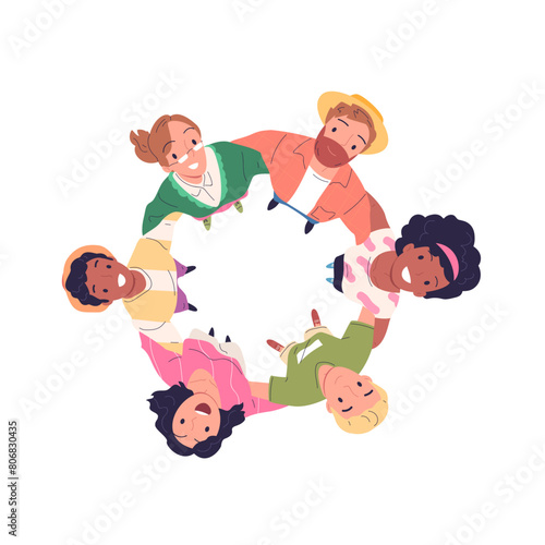 Hugging people looking up. Huddle friends or employee team in circle top view, multicultural hug people together overhead round, inclusion student trust classy vector illustration