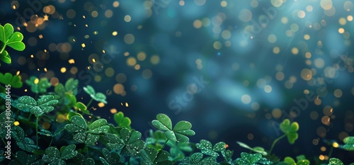 St Patrick s day banner background with green clover leaves and bokeh lights.