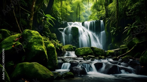 Beautiful waterfall in the forest. Panoramic view of a waterfall in the forest.