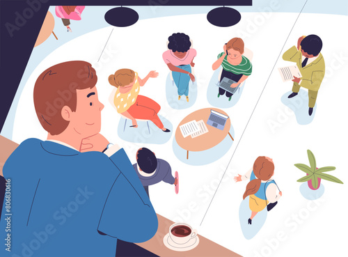 Boss observator. Supervisor over control, job supervision manager observe at corporate privacy work process employee office workplace, administration spy classy vector illustration