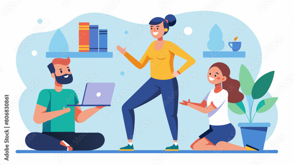 In a oneonone session a wellness coach helps a busy professional find ways to incorporate small bursts of movement throughout their busy work day.. Vector illustration In a oneonone session a wellness coach helps a busy professional find ways to incorporate small bursts of movement throughout their busy work day.. Vector illustration