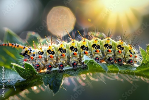 Caterpillar of the Machaon crawling on green leaves, close-up. Beautiful simple AI generated image in 4K, unique.