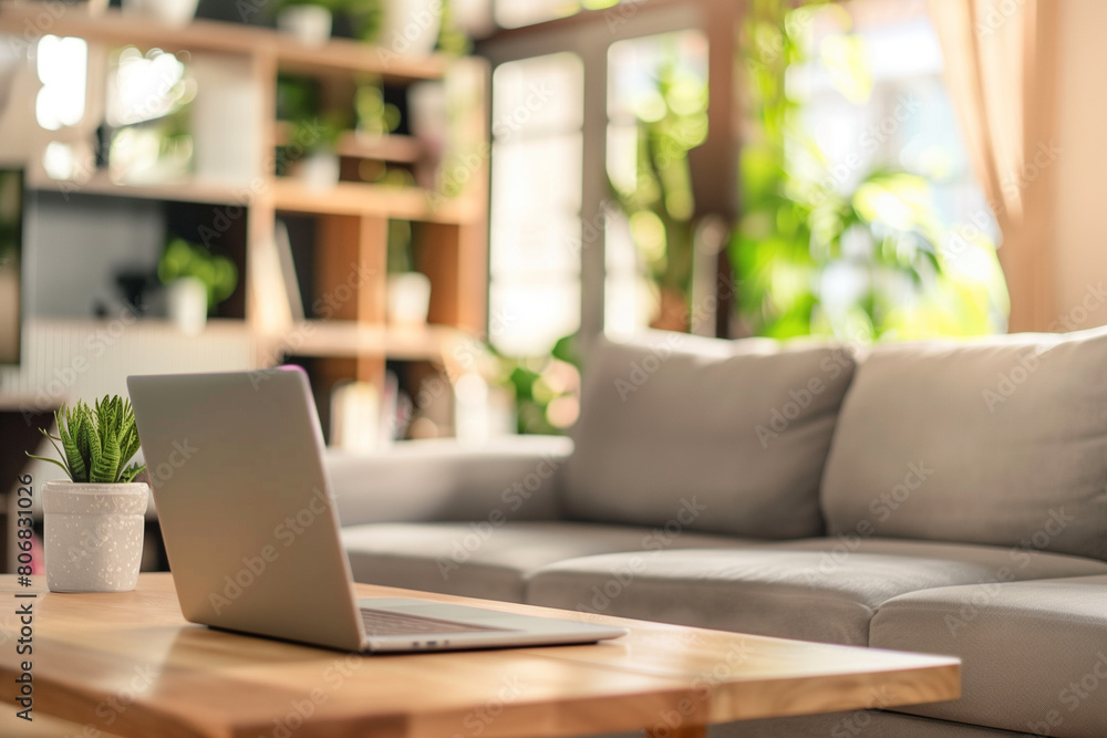 Laptop on work desk with blurred contemporary living room background Laptop on work desk with blurred contemporary living room background
