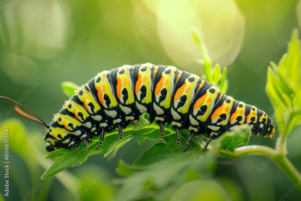 Green caterpillar on stem carrots - Papilio machaon. Beautiful simple AI generated image in 4K, unique. Green caterpillar on stem carrots - Papilio machaon. Beautiful simple AI generated image in 4K, unique.
