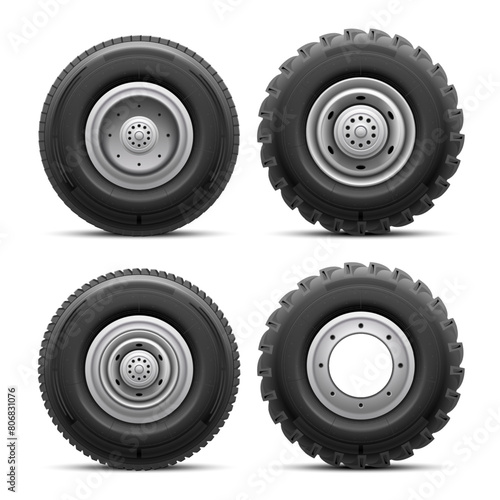 Realistic truck tires. Big tire lorry 4x4 car or bus wheels, tractor offroad heavy wheel of cargo industrial machinery, tyre large transport traction, nowaday vector illustration