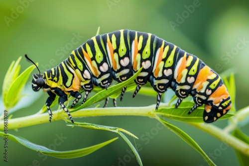 Green caterpillar on stem carrots - Papilio machaon. Beautiful simple AI generated image in 4K, unique.