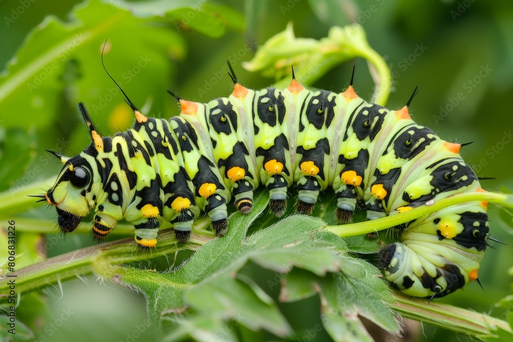 Caterpillar of the Machaon crawling on green leaves, close-up. Beautiful simple AI generated image in 4K, unique. Caterpillar of the Machaon crawling on green leaves, close-up. Beautiful simple AI generated image in 4K, unique.