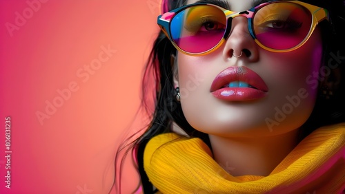 Stylish Female Model in Colorful Sunglasses: A Fashion Pop Art Collage. Concept Fashion Photography, Pop Art Theme, Colorful Sunglasses, Stylish Female Model