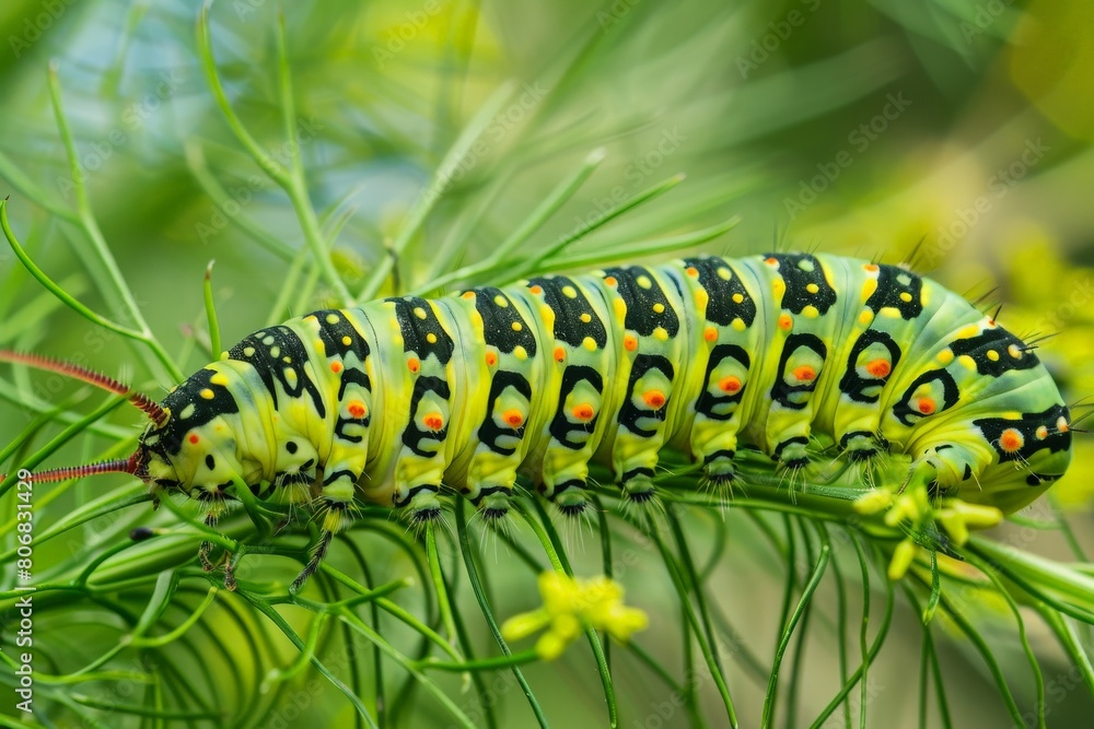 Fototapeta premium Green caterpillar on stem carrots - Papilio machaon. Beautiful simple AI generated image in 4K, unique.