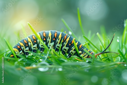 Swallowtail butterfly caterpillar feeding in fennel - unusual ma. Beautiful simple AI generated image in 4K, unique. photo