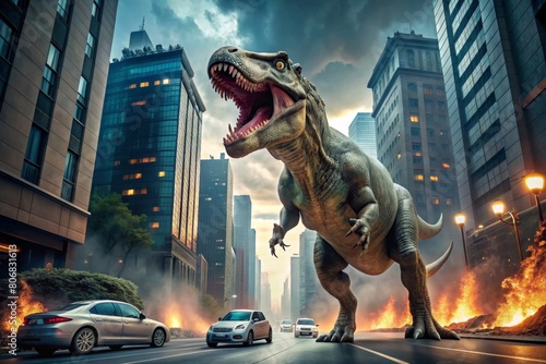 T-Rex dinosaur roaring in the street destroying cars with skyscrapers environment at night time.   photo