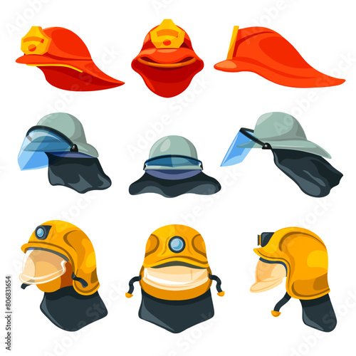 Cartoon firefighter helmets. Firefighters helmet, fireman hat fire fighter emergency department isolated red cap firefighting rescue equipment