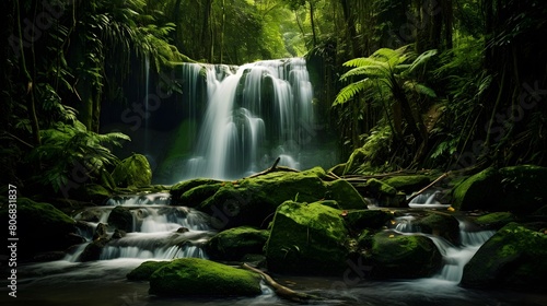 Panorama of a waterfall in the green forest. Long exposure.