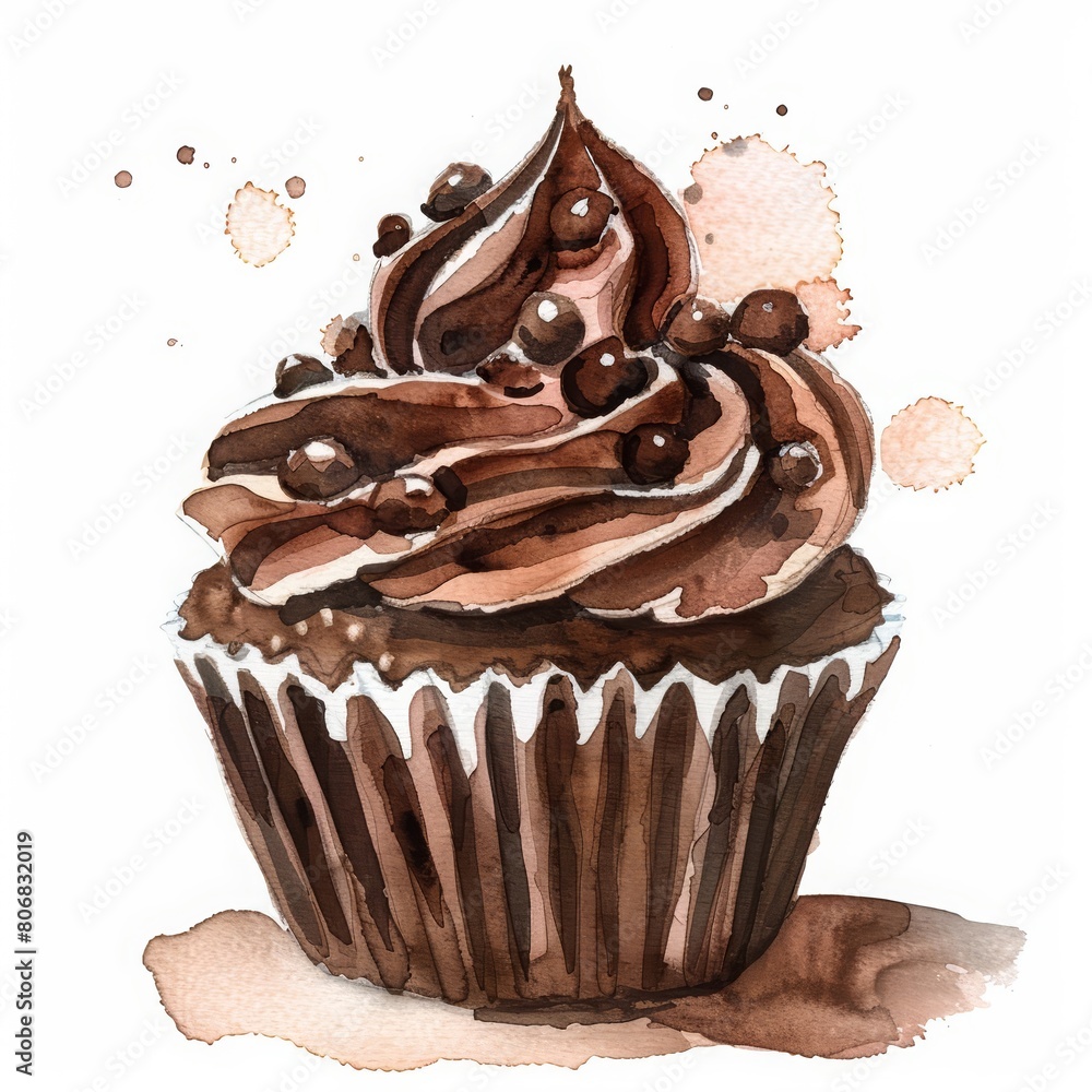 A small watercolor of a chocolate cupcake, simple clipart isolated white background A small watercolor of a chocolate cupcake, simple clipart isolated white background